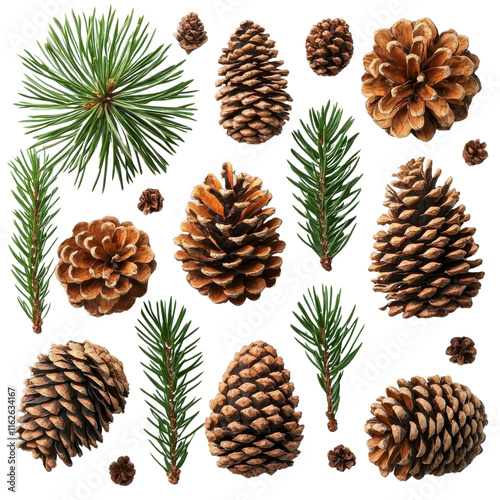 Pine cones with evergreen branches isolated on transparent background