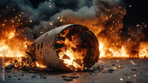 Airplane crash aftermath scene, Burning Airplane Wreckage with Flames and Sparks