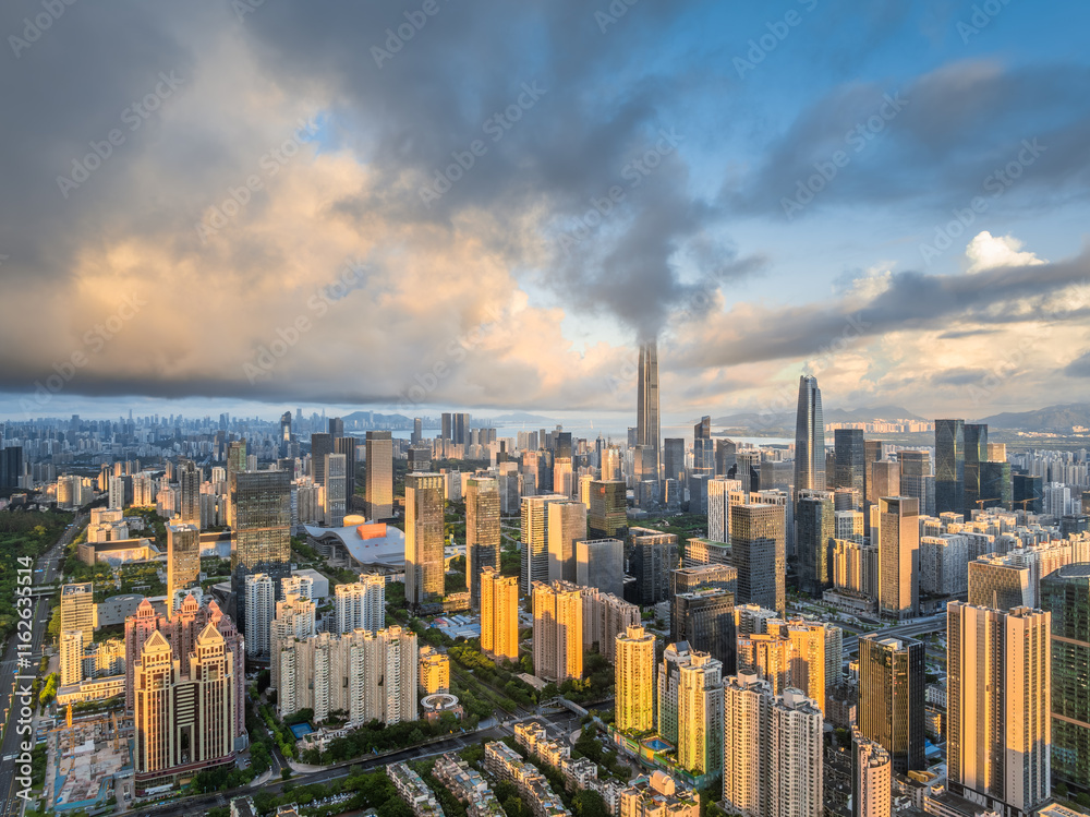 Obraz premium High angle view modern city buildings skyline at sunrise in Shenzhen, China