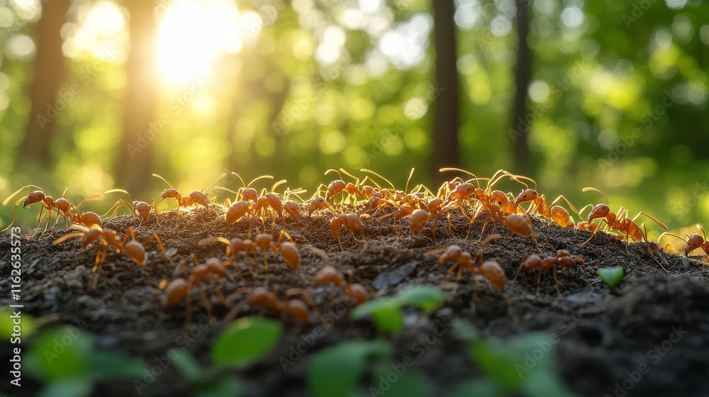 Ants working together on a log in a sunlit forest during the daytime Ants working together on a log in a sunlit forest during the daytime