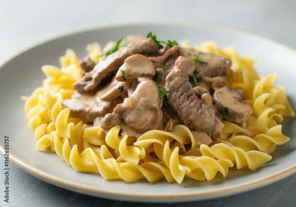 Beef stroganoff with mushrooms and creamy sauce served over a bed of egg noodles and garnished with fresh parsley Beef stroganoff with mushrooms and creamy sauce served over a bed of egg noodles and garnished with fresh parsley