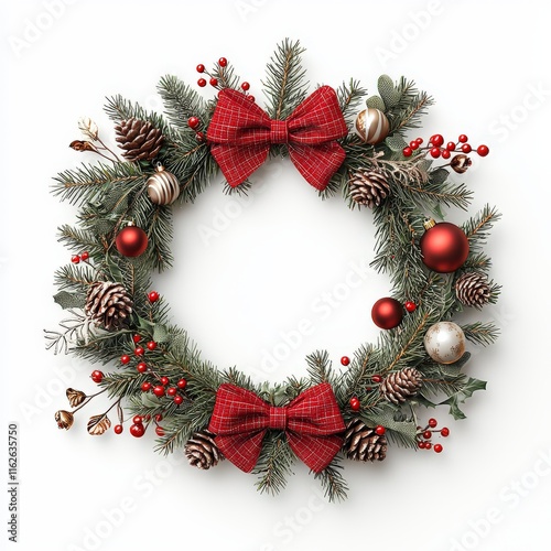 A festive Christmas wreath adorned with red bows, pinecones, and berries, perfect for holiday decorations and creating a warm atmosphere. photo