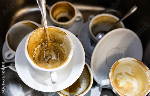 Stack of dirty coffee cups with spoons in a kitchen sink photo