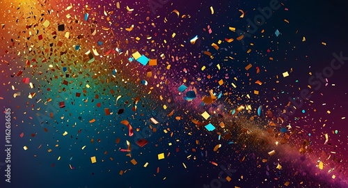 Colorful glitter and confetti on a bright gradient background. New Year's Eve event posters, party invitations, pop art