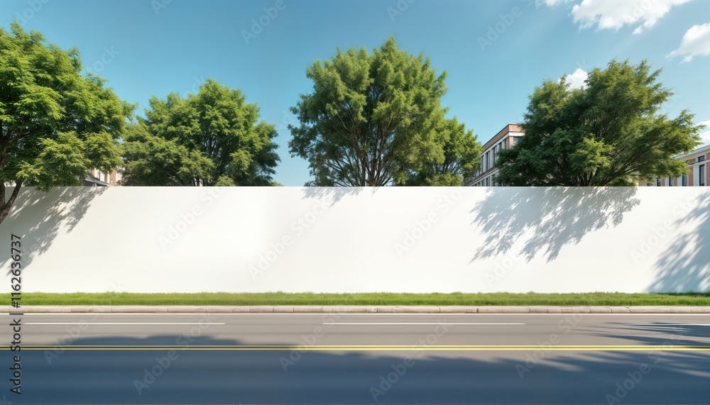 Naklejka premium Empty white hoarding stands on city street. Green trees border structure. Sunny day on urban roadside. Blank billboard with mock-up area. Ideal for advertising. Modern urban scene. Potential place