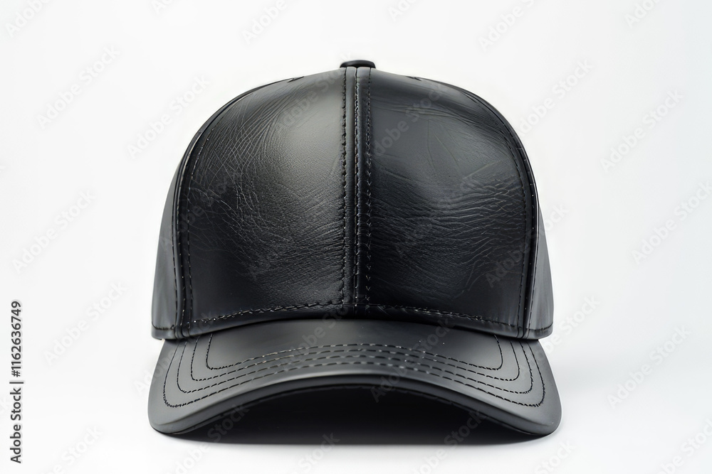 A sleek black leather cap displayed against isolated on white background A sleek black leather cap displayed against isolated on white background
