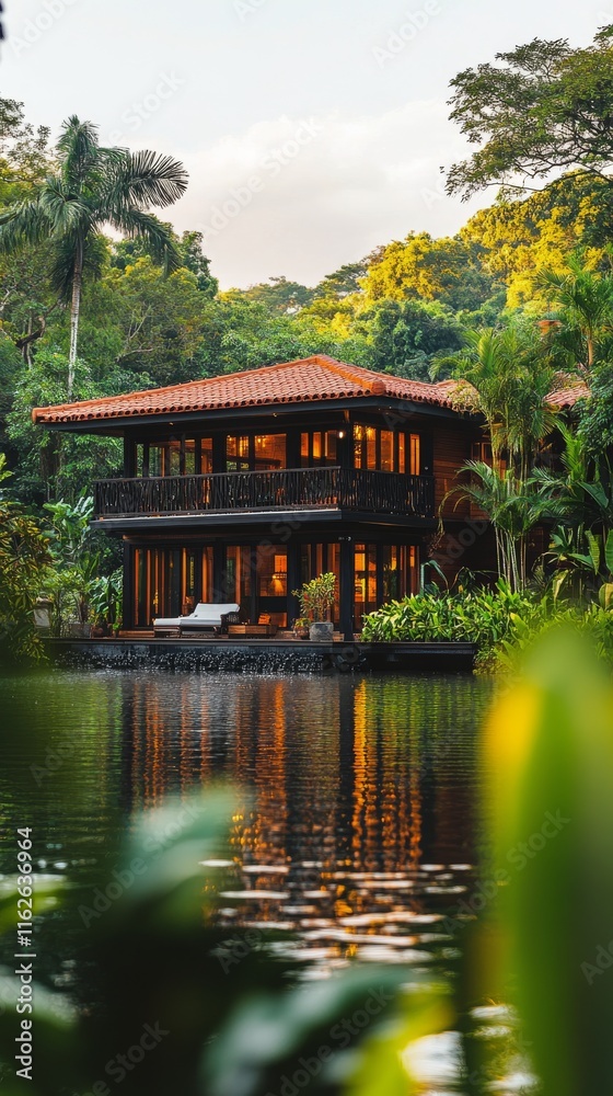 Stunning villa reflecting on calm water in exotic tropical garden during sunset Stunning villa reflecting on calm water in exotic tropical garden during sunset