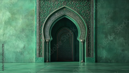 Serene Emerald Mosque Archway: Intricate Design and Tranquil Atmosphere photo