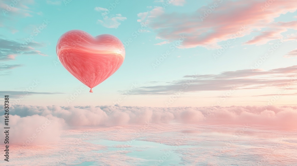 Fototapeta premium A heart-shaped balloon floats above soft clouds in a pastel sky, evoking love and serenity.