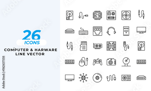 A set of line icons related to Computer & Hardware Icons. hip, components, computer, computer diagnostics, computer hardware, computer repair, computer technology, cpu, diagnostics, and so on others.
