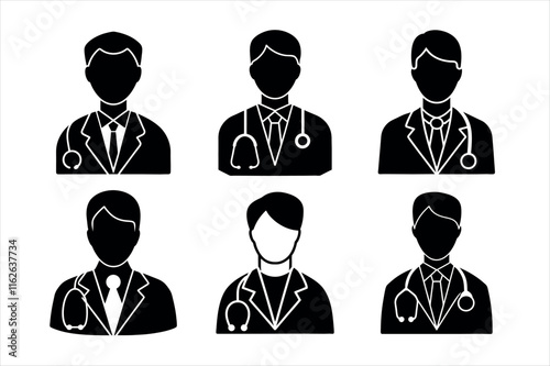 Six male doctor silhouette icons for medical applications