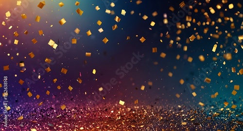 Colorful glitter and confetti on a bright gradient background. New Year's Eve event posters, party invitations, pop art