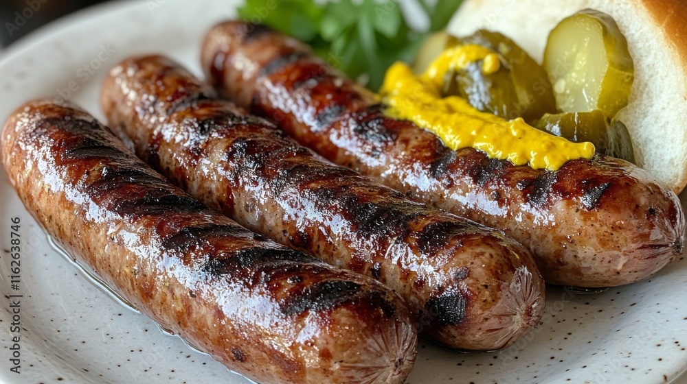 Grilled sausages served with mustard and pickles on a white plate Grilled sausages served with mustard and pickles on a white plate