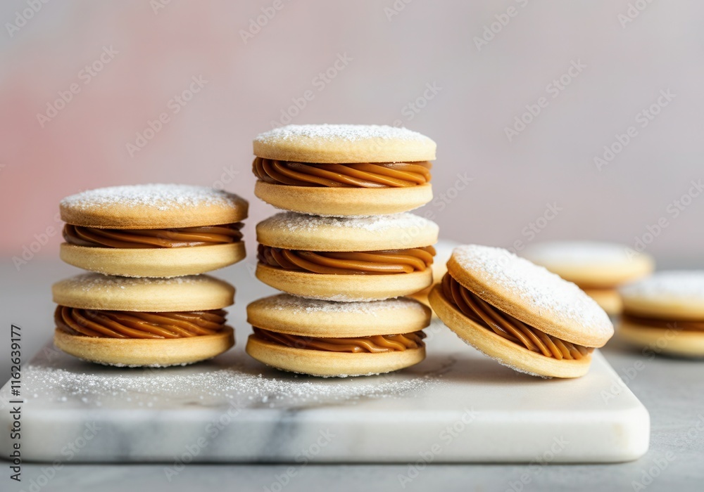 Alfajores cookies, filled with dulce de leche and dusted with powdered sugar, stacked on a marble tray Alfajores cookies, filled with dulce de leche and dusted with powdered sugar, stacked on a marble tray