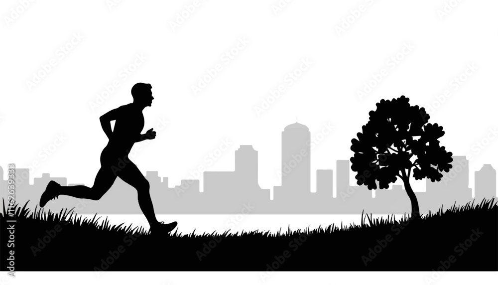 Runner silhouette against city skyline at sunset Runner silhouette against city skyline at sunset