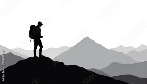 Hiker silhouette contemplating mountains at sunrise