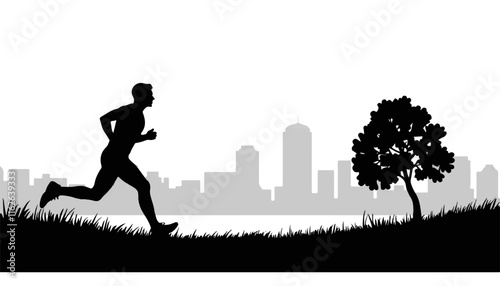 Runner silhouette against city skyline at sunset