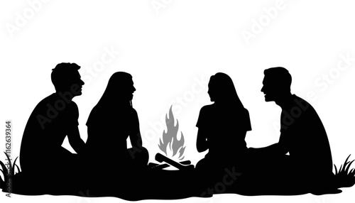 Group sitting by a campfire sharing stories at night
