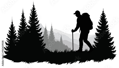 Hiker walking with a backpack in a forest silhouette