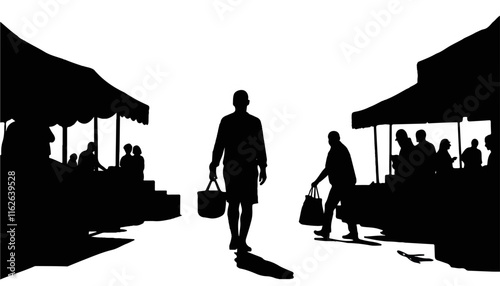 Silhouette of man walking at market with shopping bags