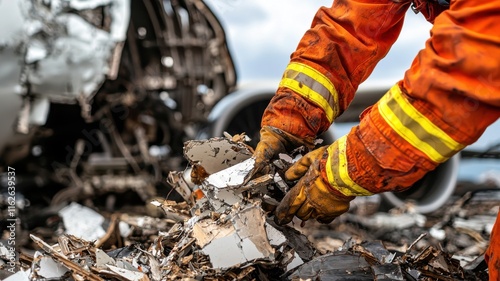 Airplane crash aftermath scene, A worker in safety gear inspects debris from an aircraft wreckage, showcasing the aftermath of an aviation incident.