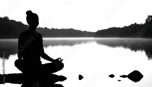 Silhouette of a person meditating by a serene lake