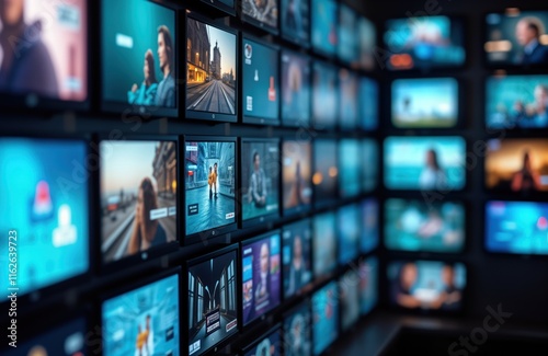 Wall of TVs displays various media content. Different tech screens show diverse images, videos. Perfect for media tech advertising concepts. Modern display wall shows diverse content. Visual display photo
