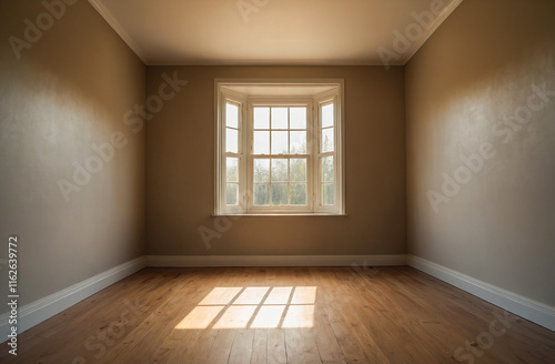 cozy empty room with a small square window letting in soft golden light photo