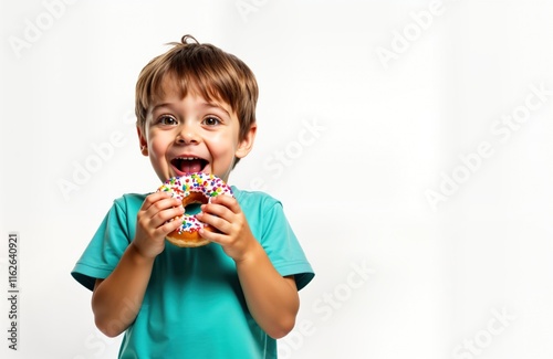 Happy boy enjoys colorful donut. Child fun. Portrait shot of young boy. Cute expression on face. Bright photo on white background. Boy eats delicious pastry. Joyful moment. Birthday celebration photo