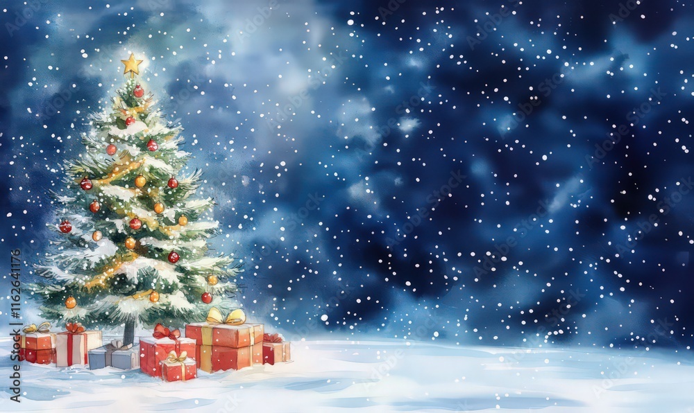 Obraz premium Beautiful snow-covered Christmas watercolor tree with gifts