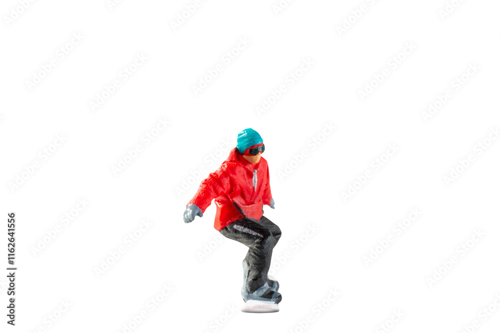 Miniature figurine depicting a snowboarder in mid-motion isolate on white background with clipping path Miniature figurine depicting a snowboarder in mid-motion isolate on white background with clipping path