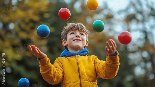 A boy learning to juggle with colorful balls outdoors