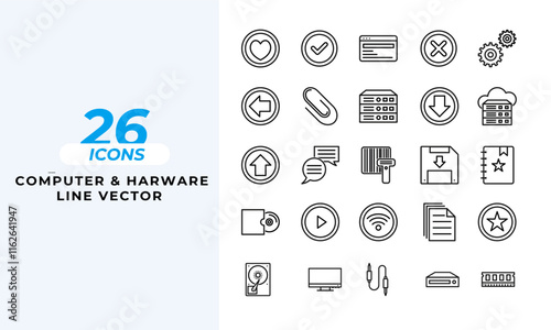 A set of line icons related to Computer & Hardware Icons. hip, components, computer, computer diagnostics, computer hardware, computer repair, computer technology, cpu, diagnostics, and so on others.