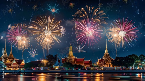 Spectacular Night Sky Over Historic Temples with Colorful Fireworks Illuminating the Vibrant Festival Atmosphere in Thailand