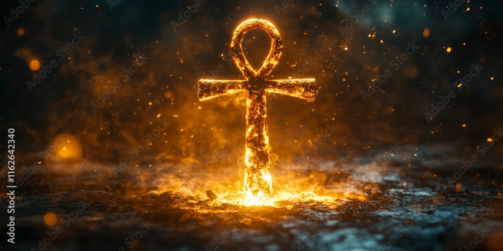 Glowing fiery Ankh symbol with dark textured backdrop Glowing fiery Ankh symbol with dark textured backdrop
