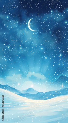 Elegant Winter Background: Stars, Moon, and Snow-Covered Ground with Blue Sky, Ideal for Christmas and New Year.