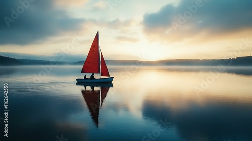 A couple learning to sail a small boat on a calm lake