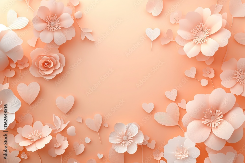 Delicate Paper Flowers and Hearts Create a Romantic Background Delicate Paper Flowers and Hearts Create a Romantic Background