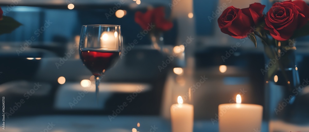 Low-angle view of an intimate dinner table, adorned with luxury accents and soft candlelight, inviting ambiance Low-angle view of an intimate dinner table, adorned with luxury accents and soft candlelight, inviting ambiance