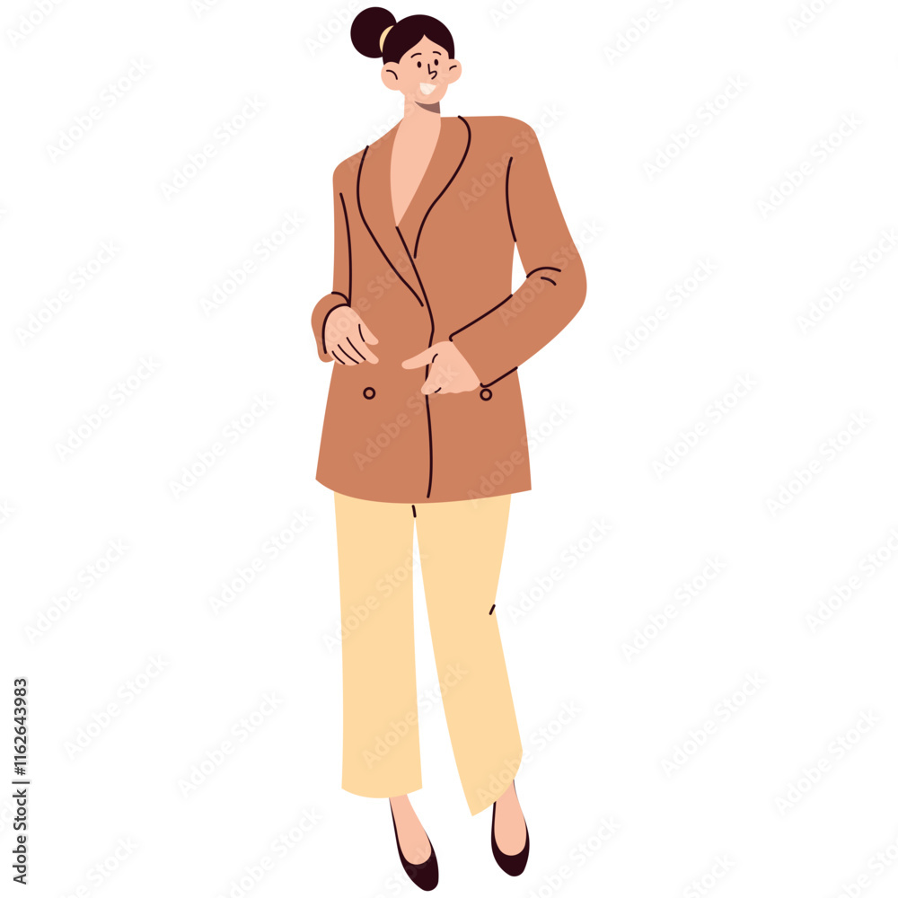 Businesswoman Casual Outfit. Modern girl in trendy outfit vector flat illustration. Smiling young businesswoman. Businesswoman Casual Outfit. Modern girl in trendy outfit vector flat illustration. Smiling young businesswoman.