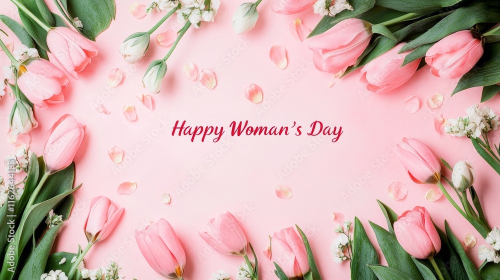 Flat lay of pink tulips on a pastel background, top view. Women's Day postcard template Flat lay of pink tulips on a pastel background, top view. Women's Day postcard template