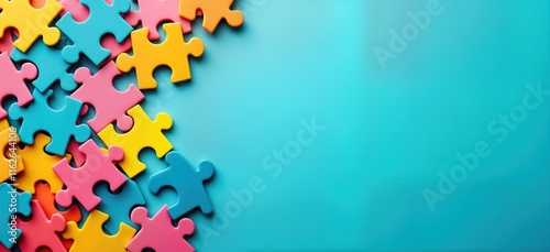 Colorful puzzle pieces scattered on vibrant blue background create visual concept of problem solving, solution finding. Diverse colors evoke creativity, cooperation. Image ideal for business