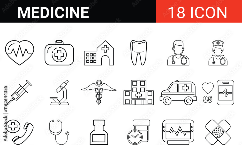 Set of 18 line icons related to medicine manufacturing, medical, production, pharma, factory, for, industry, science, machine, capsule, Editable stroke. Vector illustration Set of 18 line icons related to medicine manufacturing, medical, production, pharma, factory, for, industry, science, machine, capsule, Editable stroke. Vector illustration