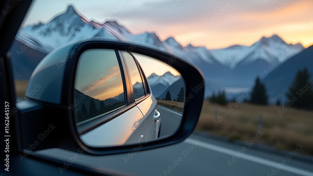 A car's rearview mirror reflecting a picturesque mountain landscape at dusk A car's rearview mirror reflecting a picturesque mountain landscape at dusk