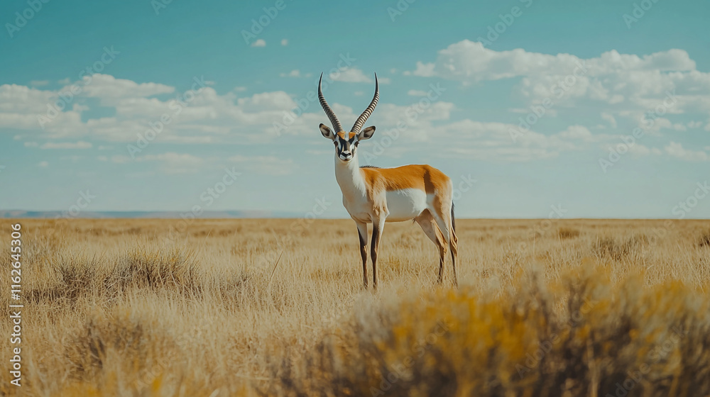 Fototapeta premium Elegant antelope standing in vast grassland under blue sky in the afternoon sun