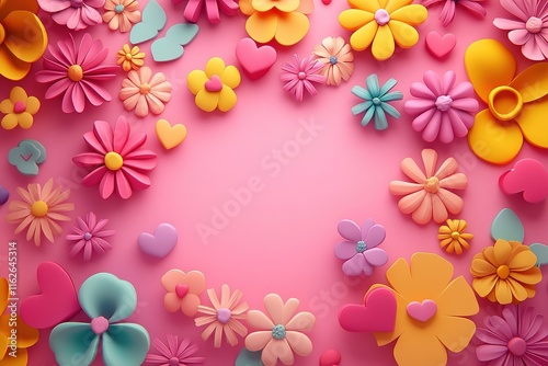 Charming 3D Flowers and Hearts on a Pink Background