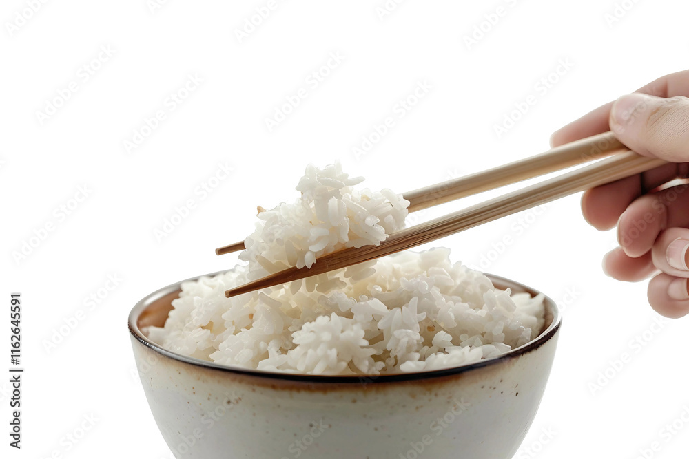 Artful Hand with Chopsticks Picking Up Steamed Rice Isolated on Transparent Background Artful Hand with Chopsticks Picking Up Steamed Rice Isolated on Transparent Background