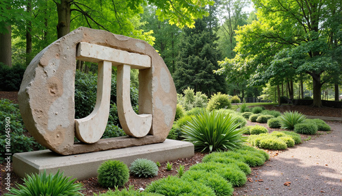 Pi symbol sculpture in a lush green garden, Pi Day theme photo