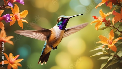 Un colorido colibrí con vibrantes plumas azules, moradas y naranjas flotando en el aire sobre un fondo borroso photo