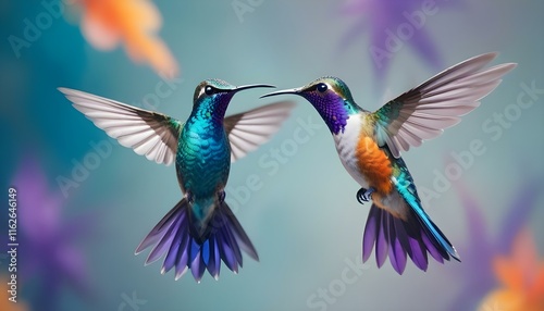 Un colorido colibrí con vibrantes plumas azules, moradas y naranjas flotando en el aire sobre un fondo borroso photo